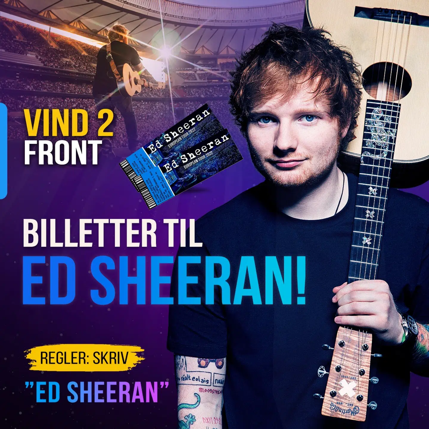 Med dette billede har en falsk Billetlugen-side i et opslag på Facebook udloddet billetter til Ed Sheeran-koncert. Men billetterne findes ikke, og Billetlugen forsøger at stoppe siden.