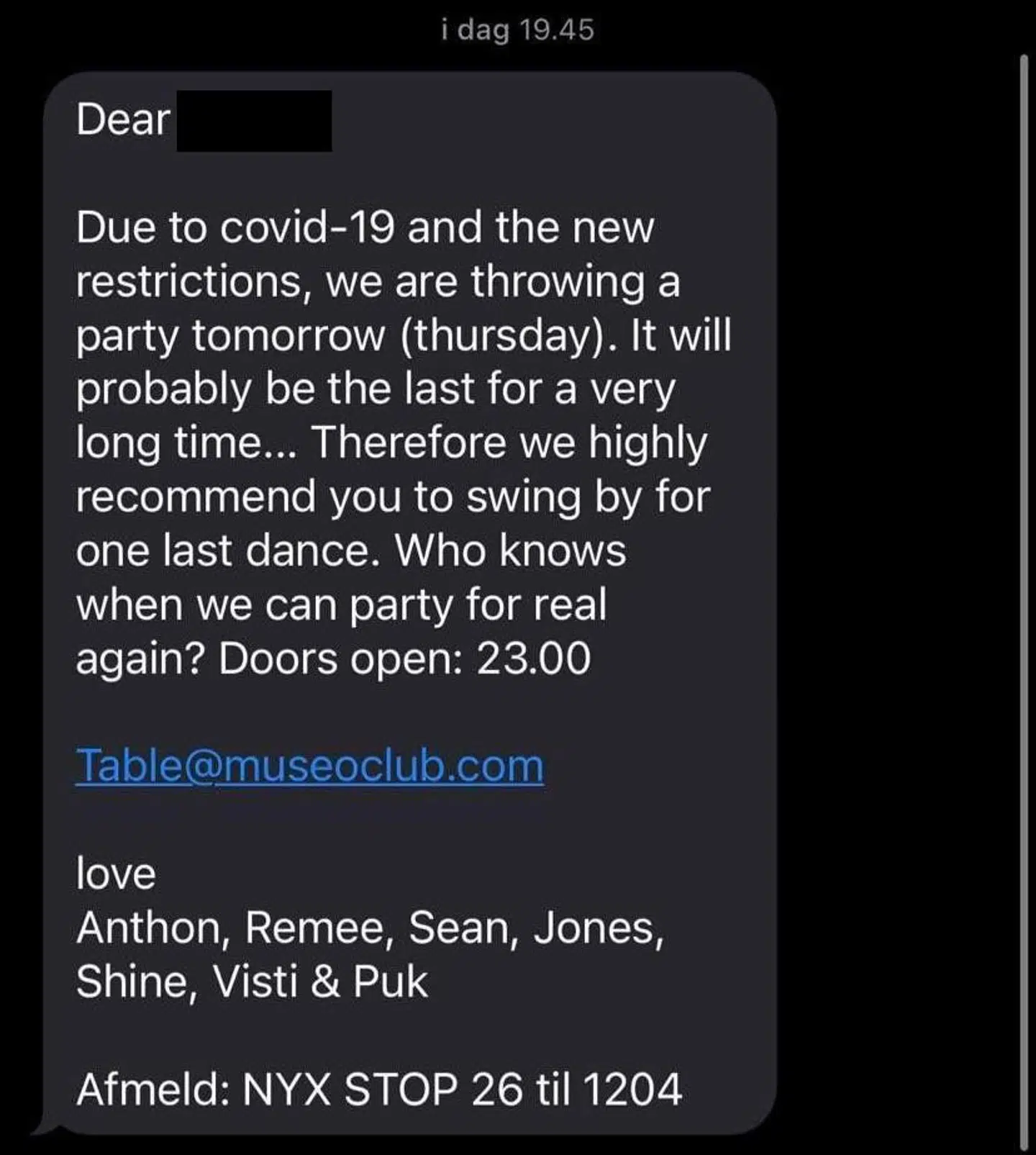 Her er sms'en, Museo sendte ud efter pressemødet.