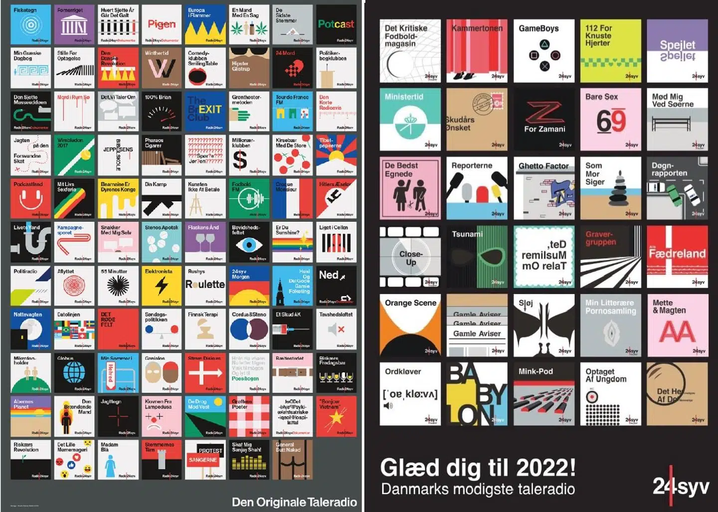 Radio24syvs originale programlogoer kan ses til venstre, mens 24syvs nye logoer ses til højre.