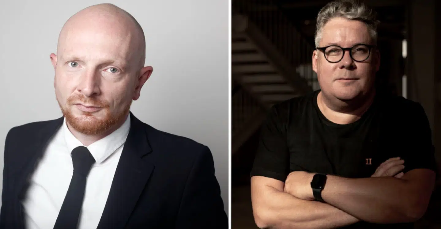 Mads Brügger og Simon Andersen er bestemt ikke enige i, hvorvidt Radio Louds programlogoer til det nye år er i orden.