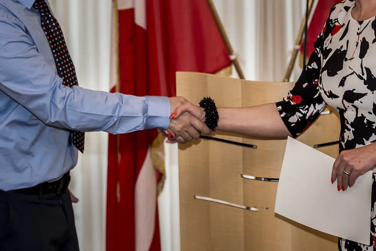 Loven om håndtryk ved grundlovsceremonierne blev indført i 2018. På billedet ses daværende udlændinge- og integrationsminister, Inger Støjberg, som var vært og gav hånd ved den første officielle ceremoni. Der gav ni hende hånden for at få statsborgerskab (Arkivfoto). Asger Ladefoged/Ritzau Scanpix