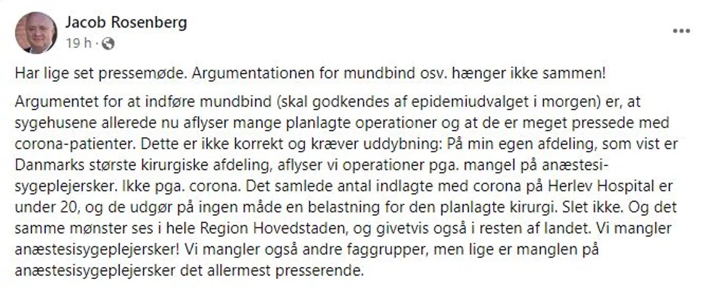 Professor og overlæge på Herlev Hospital Jacob Rosenberg oplever slet ikke, at corona presser sygehusene.