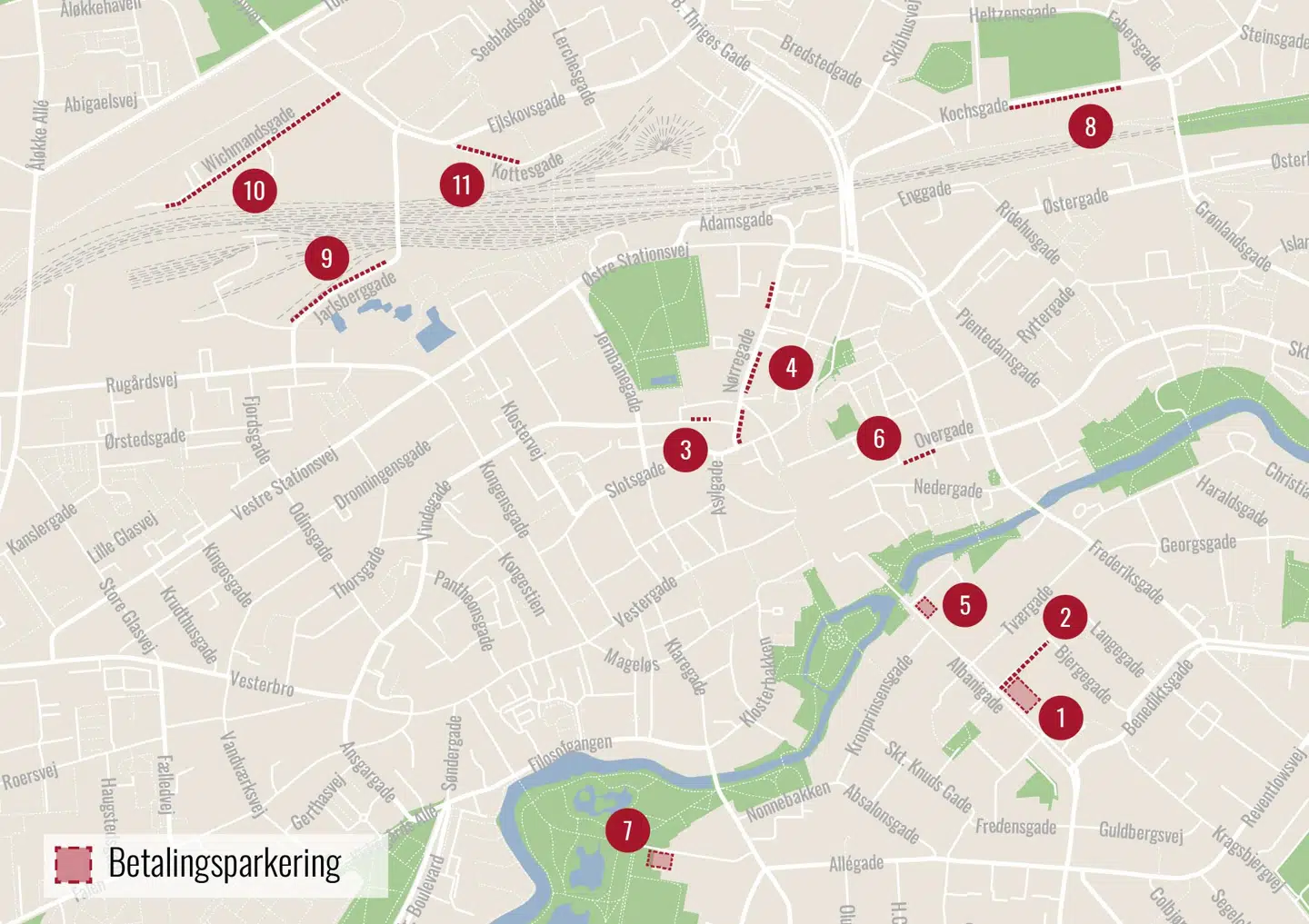 Forvaltningens anbefaling til nye betalingspladser, som blev godkendt af By- og Kulturudvalget tirsdag. Illustration: Odense Kommune