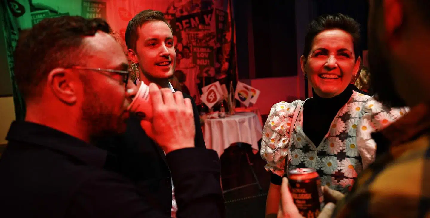 De to SFere Jacob Mark og Pia Olsen Dyhr, da partiet holdt valgfest på Borups Højskole i København.