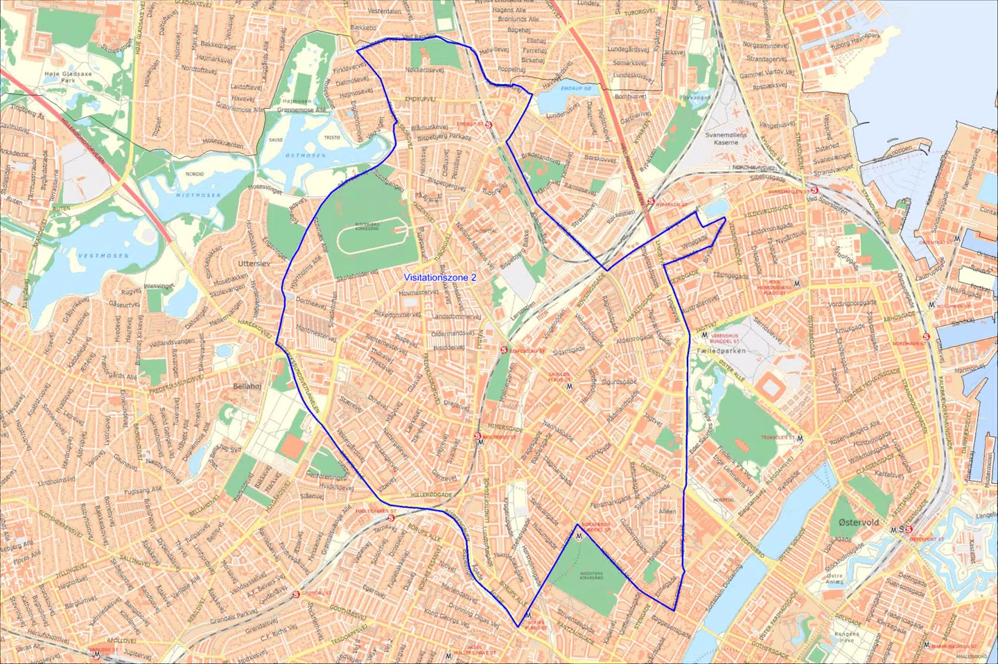 Visitationszone nummer to omfatter dele af Nørrebro, København NV og Ydre Østerbro. Konkret løber grænsen langs Nørrebrogade - Jagtvej - Ågade - Bispeengbuen - Borups Allé - Hareskovvej - Utterslevvej - Rådvadsvej - Frederiksborgvej - Rødkløvervej - via stier syd for kredsgrænsen - Lundedalsvej - Tuborgvej - Lersø Parkallé - Rovsingsgade - Hans Knudsens Plads – Borgervænget via cykelsti til Vognmandsmarken - Bryggervangen - Omøgade - Lyngbyvej - Nørre Allé - Sankt Hans Torv - Fælledvej til Nørrebrogade.