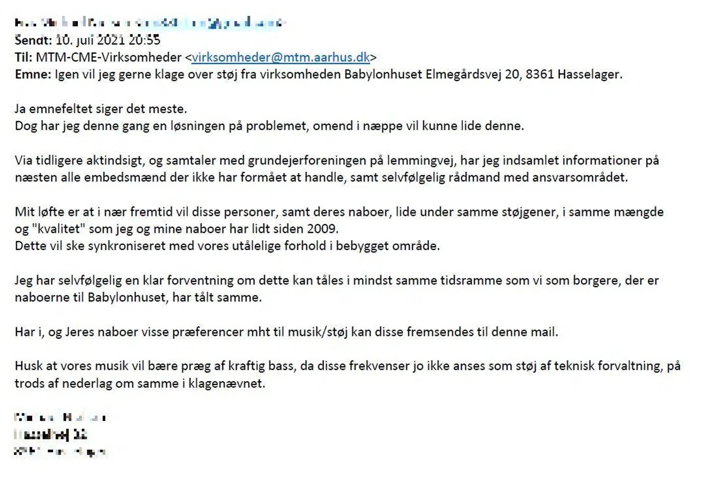 Mailen, som Michael sendte til kommunen 10. juli i år.