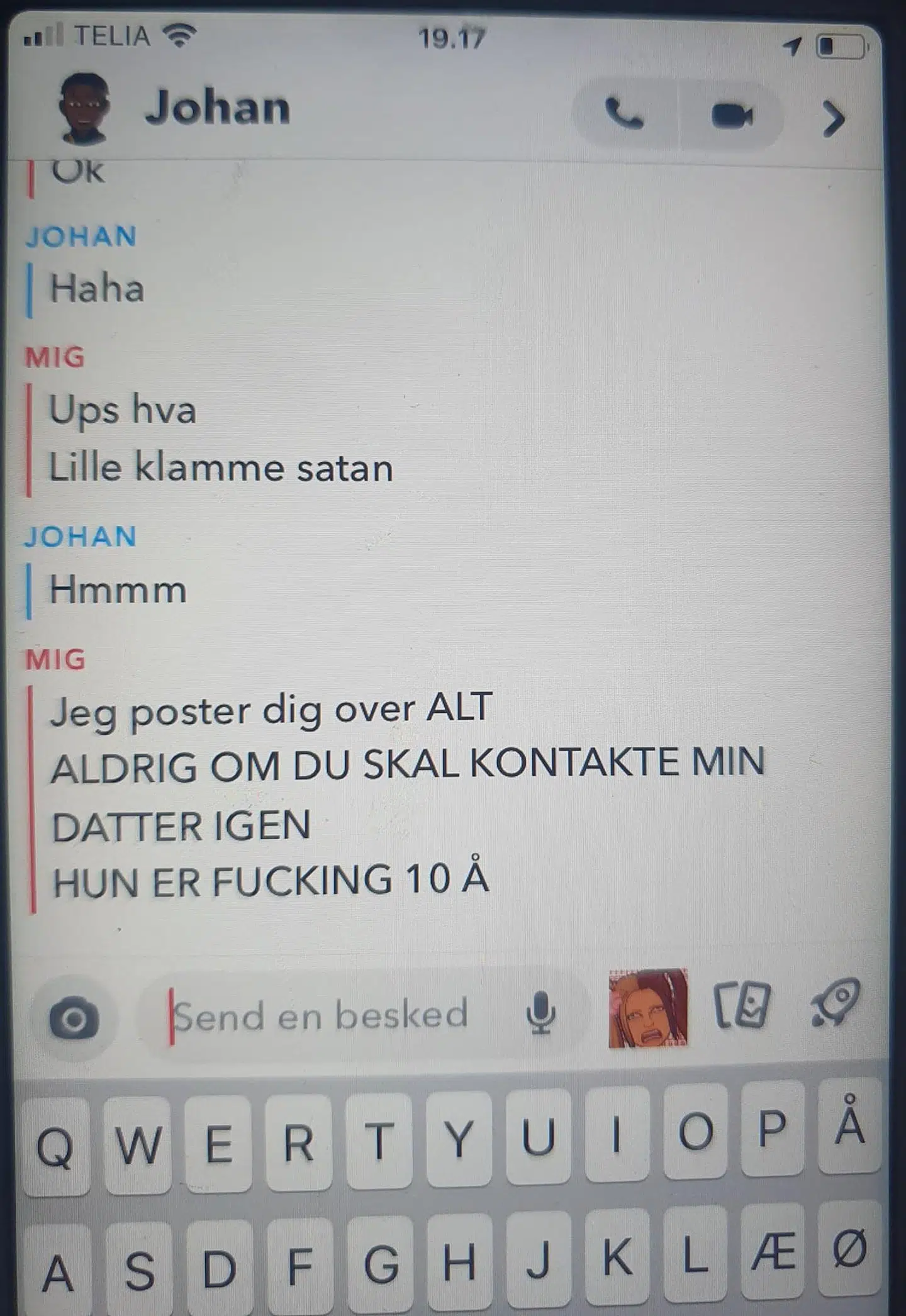Snapchat-personen skrev 'haha', efter Stine Fredsted havde skældt ham ud på FaceTime.