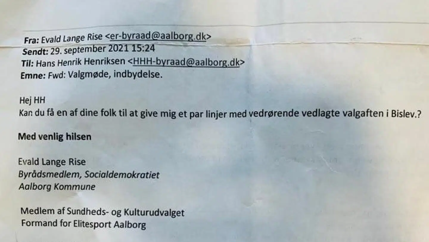 Tilbage i september spurgte Aalborgs socialdemokratiske byrådsmedlem Evald Lange Rise sin partikollega og rådmand om hjælp til et valgarrangement i Bislev.