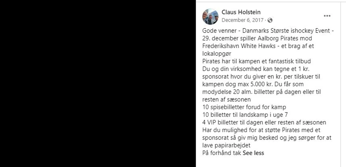 Båndene mellem Port of Aalborg og Aalborg Pirates er solide – her tilbyder havnens travle topchef Claus Holstein for eksempel via sin Facebook-profil, at han klarer papirarbejdet, hvis en ny sponsor ønsker at støtte ishockey-klubben.