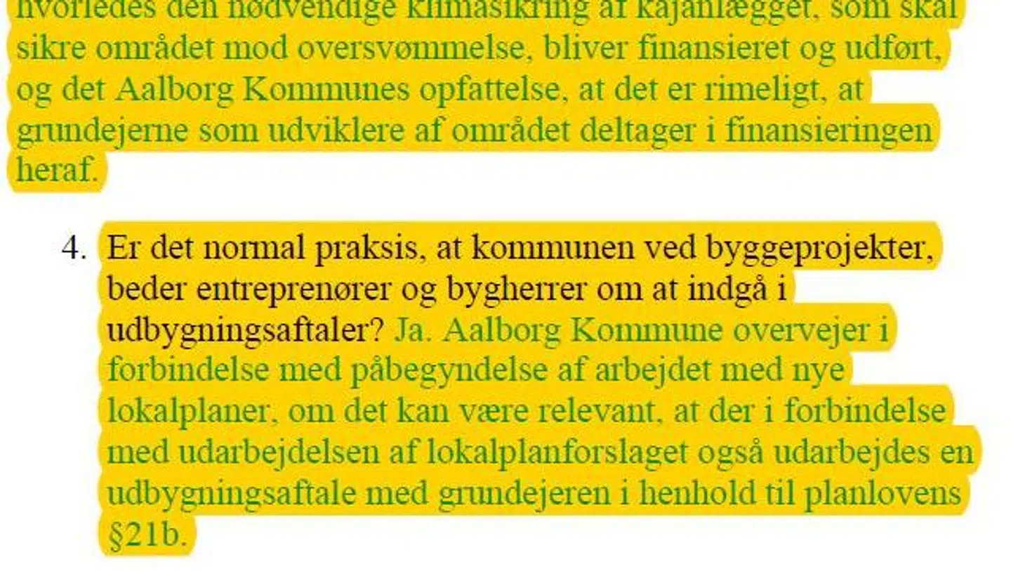 I bilagene har kommunen svaret skriftligt på spørgsmål fra Ekstra Bladet, hvor de indrømmer, at udbygningsaftalerne er en del af deres værktøjskasse.