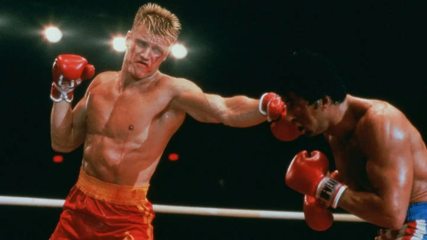 Dolph Lundgren og Sylvester Stallone i filmen Rocky IV fra 1985.