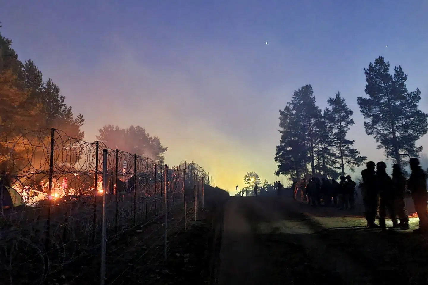Polske politifolk og soldater bevogter grænsen mod Hviderusland onsdag. På den anden side af pigtrådshegnet er et par tusinde migranter samlet. EU beskylder Hviderusland for at bruge dem som våben mod EU's ydre grænse mod øst. Handout/Reuters