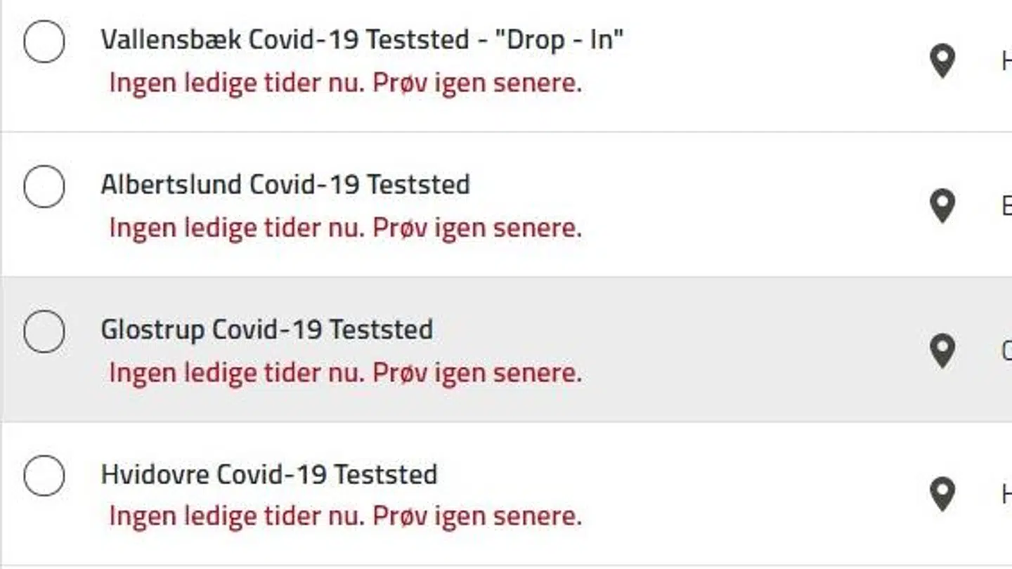 Testcentrene på vestegnen er pressede. Skærmfoto: coronaprøver.dk