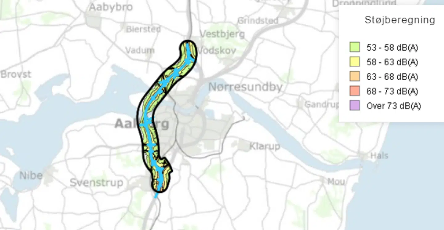 Sådan fordeler støjen sig ved Aalborg, når Egholmforbindelsen realiseres.