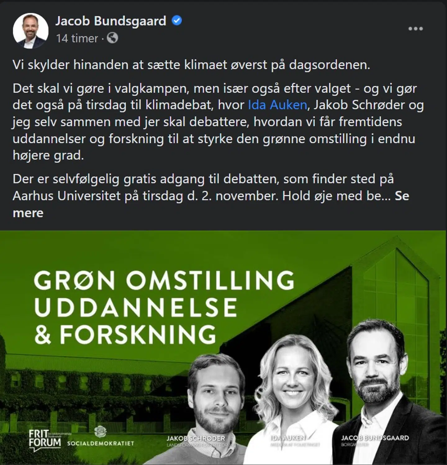 »Vi skylder hinanden at sætte klimaet øverst på dagsordenen,« lyder et af mange grønne budskaber på borgmesterens Facebook-side.