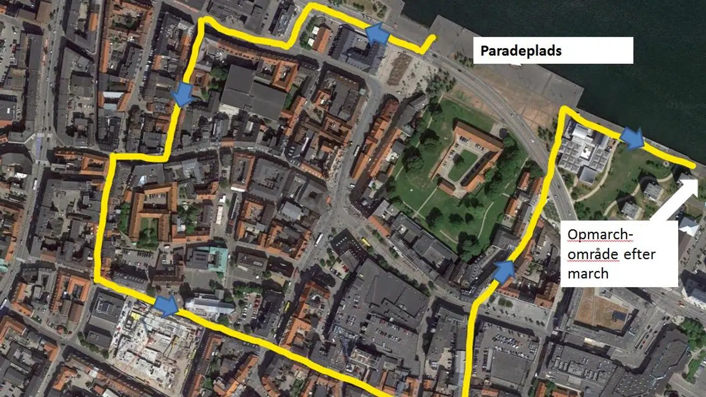 Sådan ser ruten ud, når Trænregimentet går gennem Aalborg på tirsdag. Foto: Trænregimentet