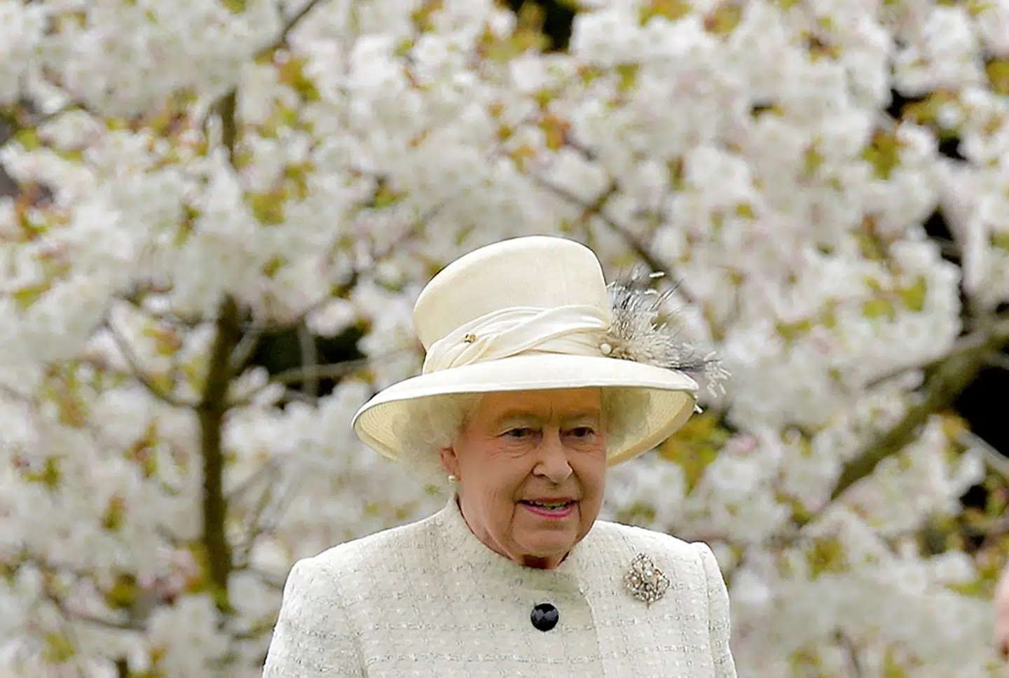 FILE PHOTO: Britain's Queen Elizabeth walks among spring blossom and flowers as she arrives to attend the unveiling of a statue in Windsor, southern England, March 31, 2014. REUTERS/Toby Melville/File Photo