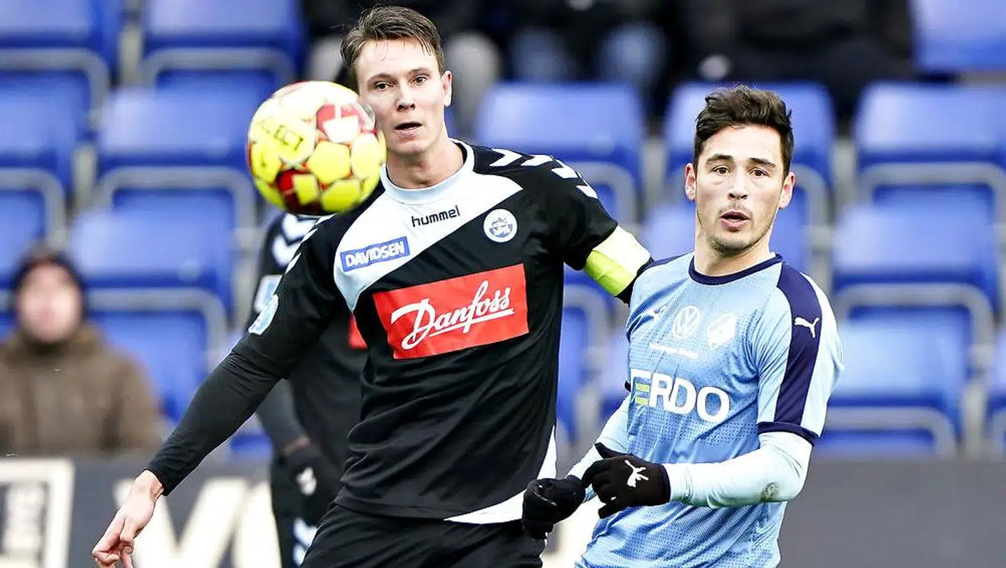 Eggert Jonsson (til venstre) i aktion for Sønderjyske.