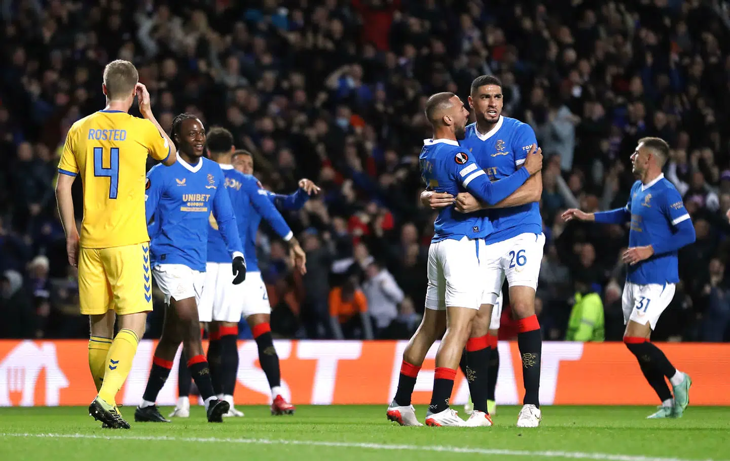 Soccer Football - Europa League - Group A - Rangers v Brondby - Ibrox, Glasgow, Scotland, Britain - October 21, 2021 Rangers' Leon Balogun celebrates scoring their first goal with Kemar Roofe the scorer of their second goal REUTERS/Russell Cheyne