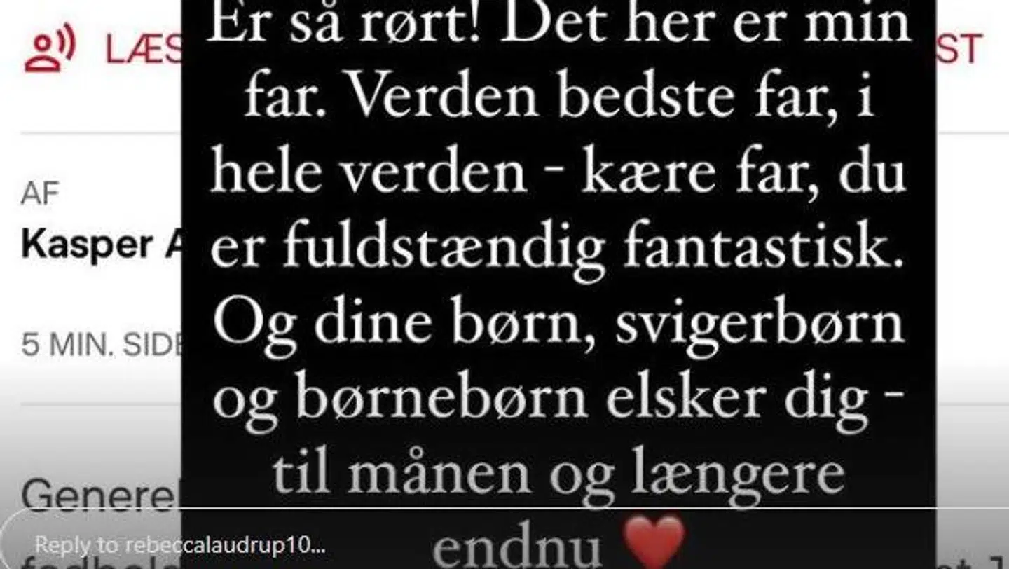Her ses Rebecca Laudrups Instagram-story lørdag aften. Foto: Instagram.