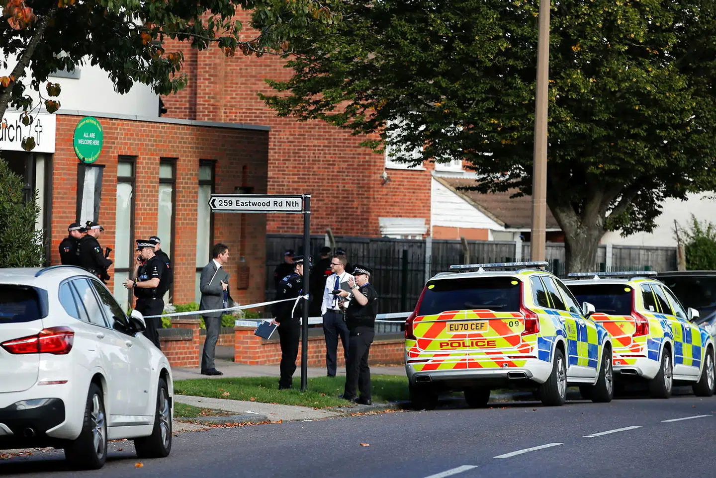 Police are seen at the scene where MP David Amess was stabbed during constituency surgery, in Leigh-on-Sea, Britain October 15, 2021. REUTERS/Andrew Couldridge