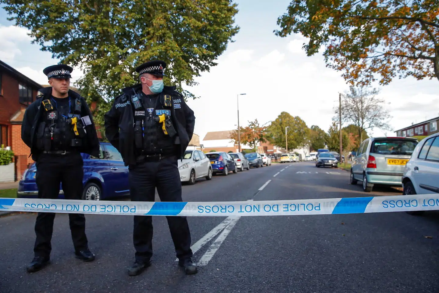 Police officers are seen at the scene where MP David Amess was stabbed during constituency surgery, in Leigh-on-Sea, Britain October 15, 2021. REUTERS/Andrew Couldridge