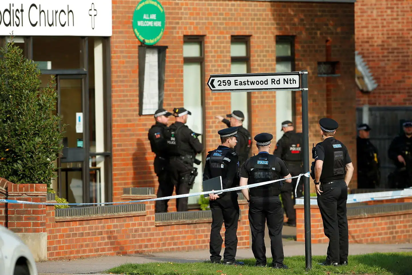 Police officers are seen at the scene where MP David Amess was stabbed during constituency surgery, in Leigh-on-Sea, Britain October 15, 2021. REUTERS/Andrew Couldridge