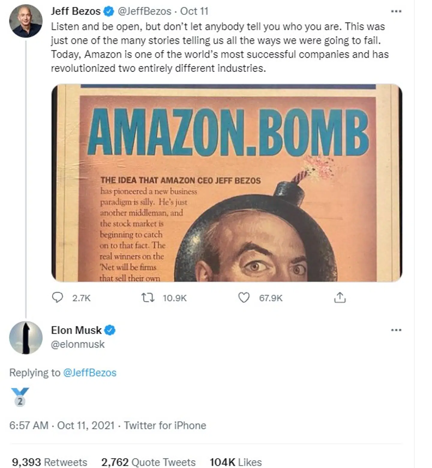 Elon Musk kan ikke lade være med at drille Jeff Bezos. Foto: Twitter