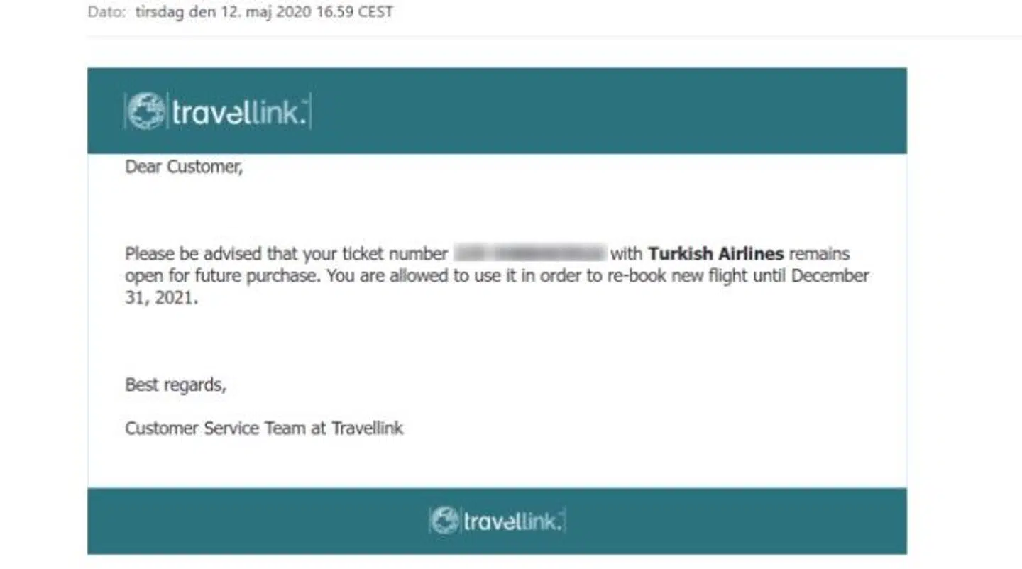 Emailen fra Travellink, hvor de tildeler Lars Fabricus en voucher og fortæller, at den skal indlæses før 2021 udløber.