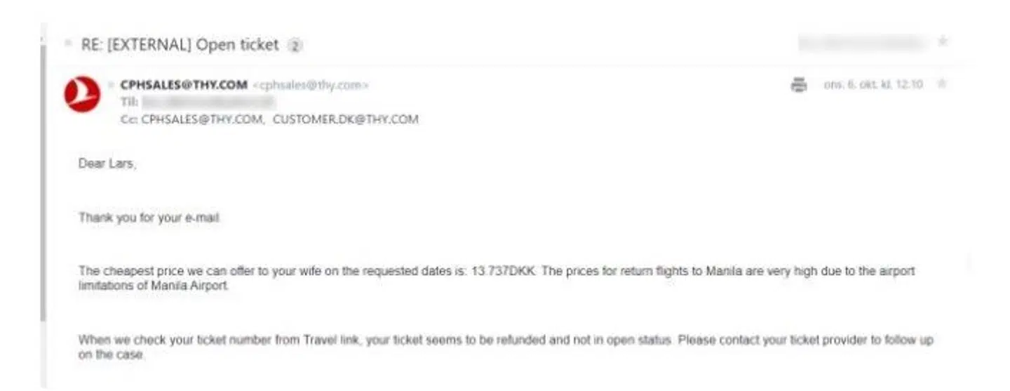 Emailen fra Turkish Airlines, hvor de fortæller, at Lars Fabricius' voucher er blevet refunderet.