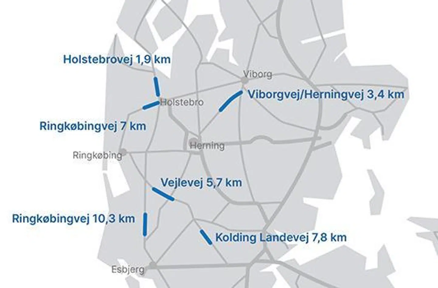 På kortet kan du se, på hvilke strækninger fartmærkerne er placeret. Foto: Vejdirektoratet