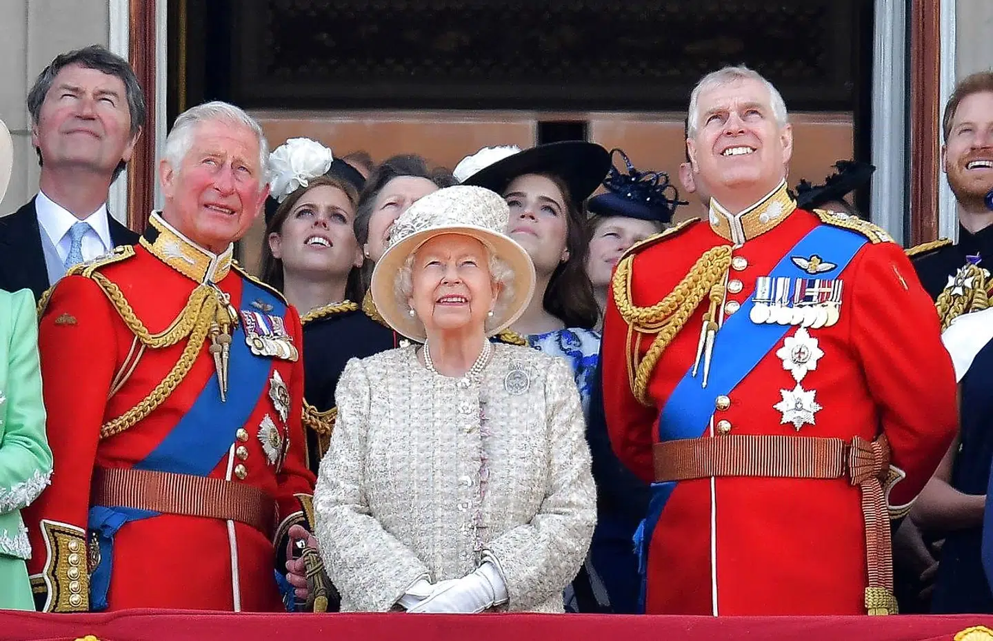 (FILES) In this file photo taken on June 08, 2019 (L-R) Britain's Prince Charles, Prince of Wales, Britain's Queen Elizabeth II, and Britain's Prince Andrew.
