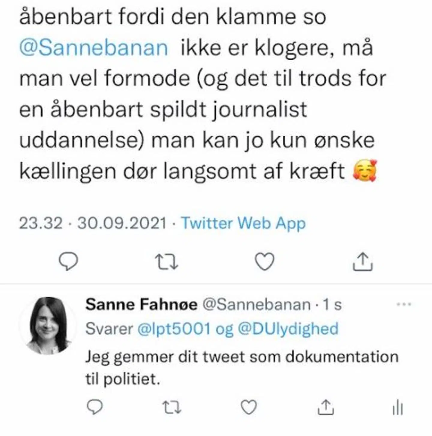 Et af de svar, Sanne Fahnøe fik på sin Twitter-profil, efter hun svarede på mailstormen.