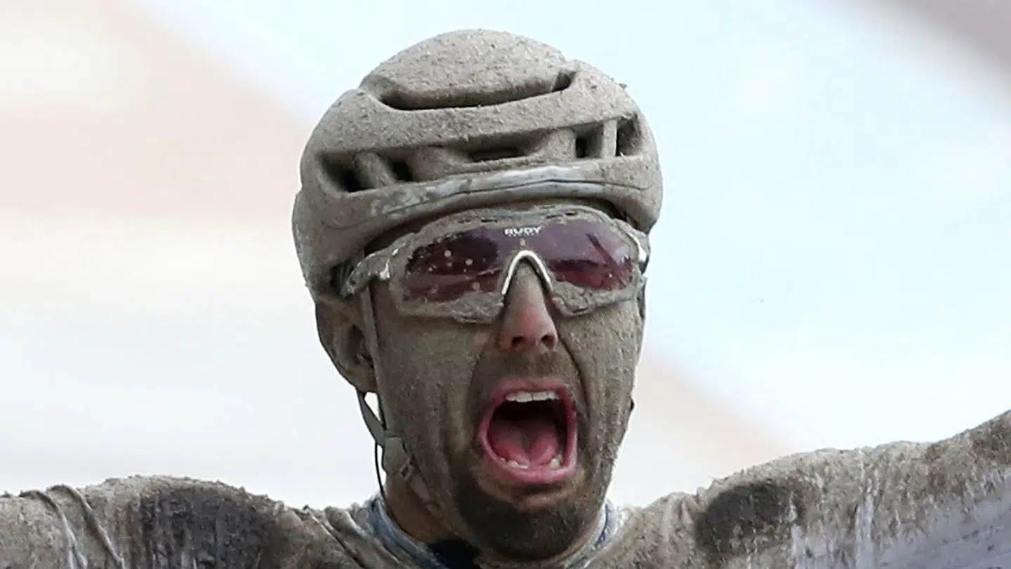 Cycling - Paris-Roubaix - Roubaix, France October 3, 2021 Italy's Sonny Colbrelli celebrates winning the race REUTERS/Yves Herman