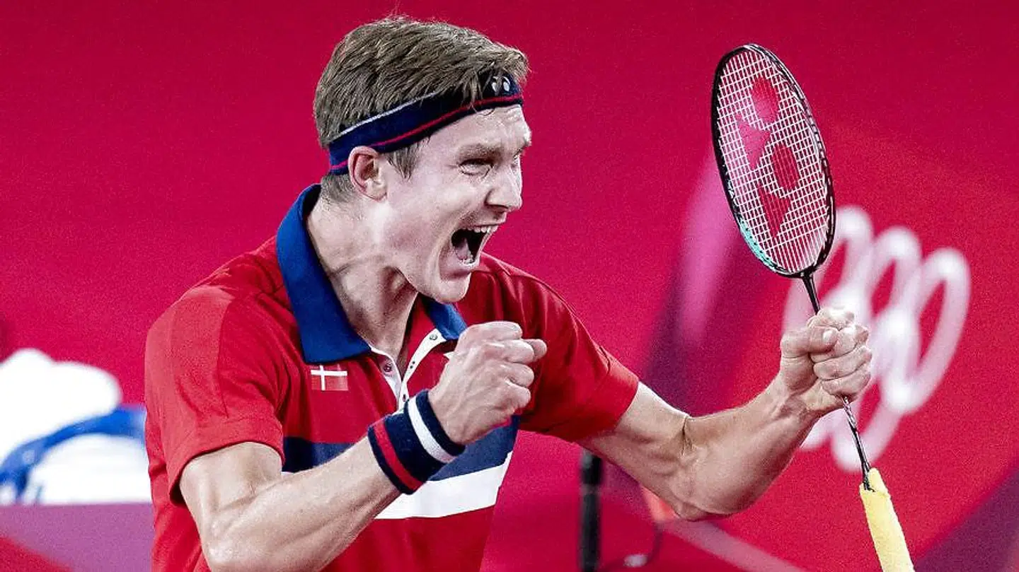 Viktor Axelsen jubler under kvartfinalen ved OL i Tokyo. (Foto: Liselotte Sabroe/Ritzau Scanpix)
