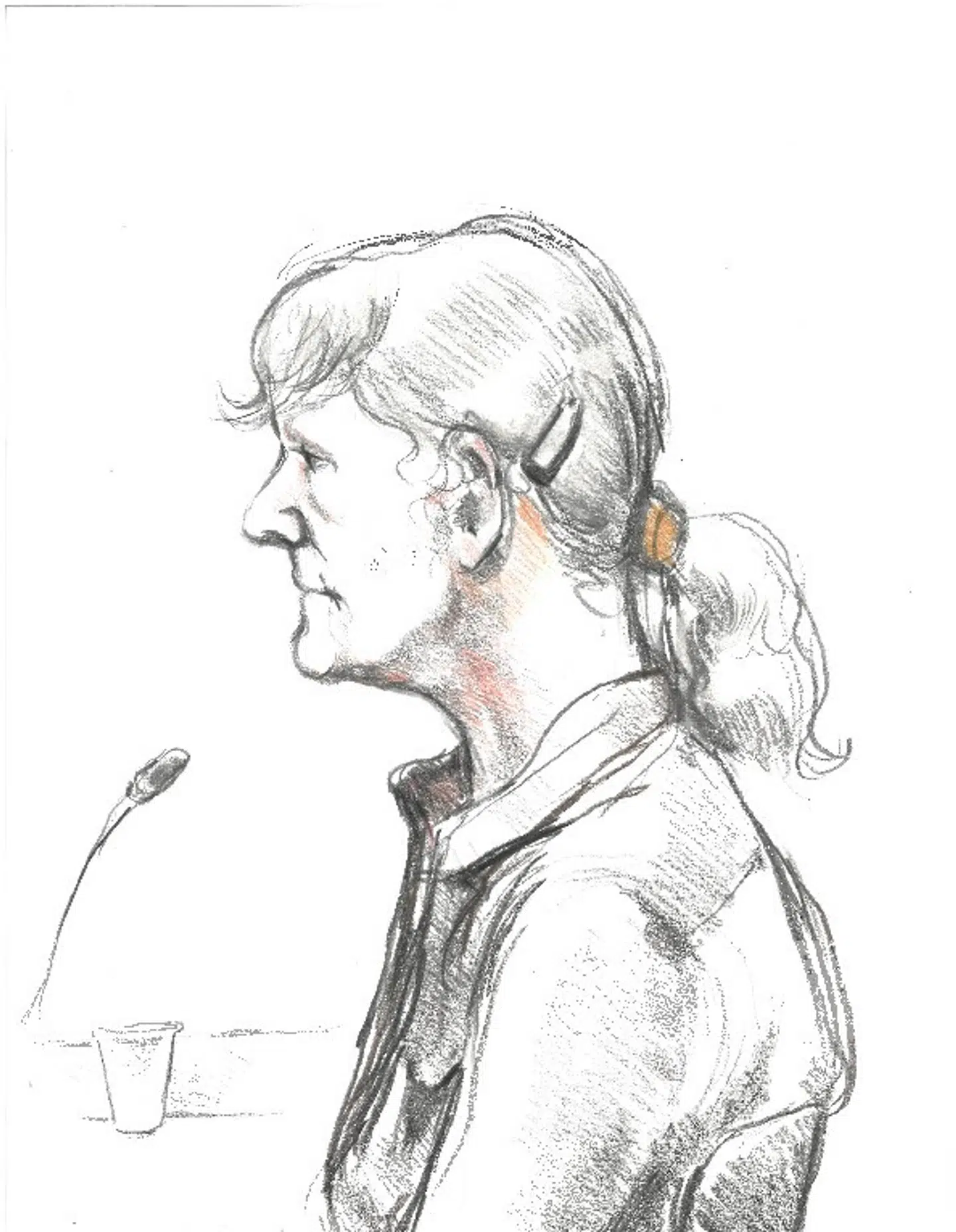 Britta Nielsen under dagens retsmøde tegnet af Anne Gyrite Schütt.