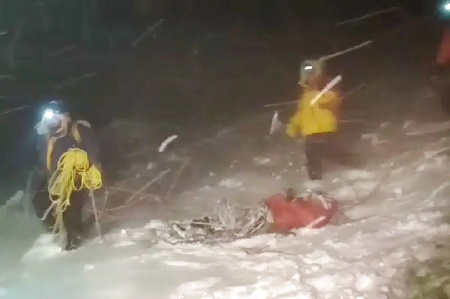 En video har fanget redningsfolk på det 5642 meter høje bjerg Elbrus i det nordlige Kaukasus, mens de er i gang med at redde 19 bjergbestigere, der er blevet fanget nær toppen under en katastrofal snestorm. Fem fra gruppen omkom på bjerget. Russia''s Emergencies Ministry/Reuters
