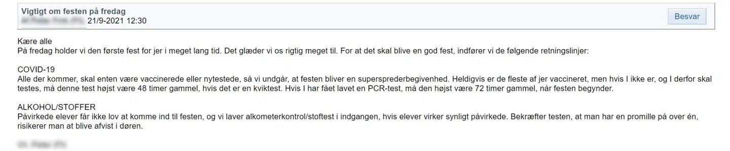 I tirsdags modtog alle de studerende på Stenhus Gymnasium denne besked på deres intranet, Lectio, hvor det fremgik, at der var kommet nye retningslinjer.