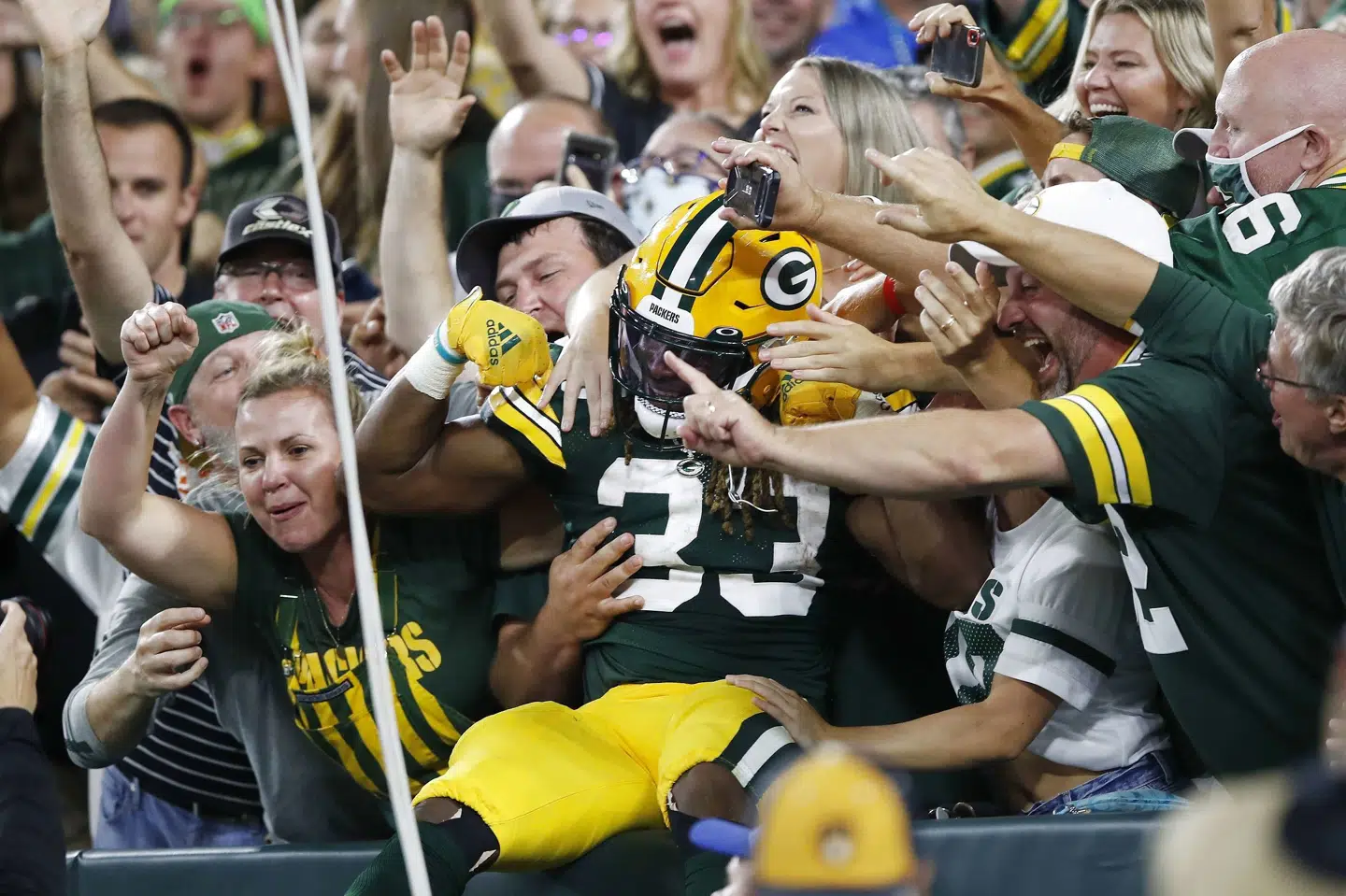 Aaron Jones scorede fire touchdowns i Packers-sejren over Lions. Wesley Hitt/Ritzau Scanpix