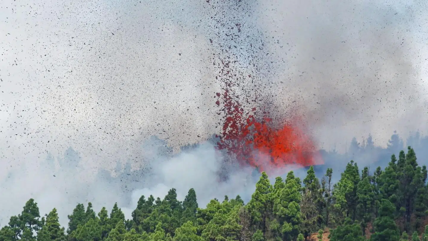 Lava og røg stiger op fra vulkanen, der er gået i udbrug på La Palma. REUTERS/Borja Suarez