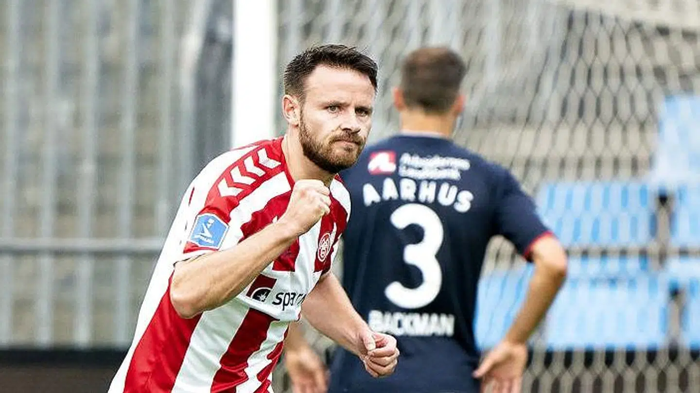 Der er masser at juble over for AaBs højreback Kristoffer Pallesen, der er den spiller, der har haft næstsidste fod på flest scoringer i ligaen. Her er det dog en scoring for et år siden mod AGF.