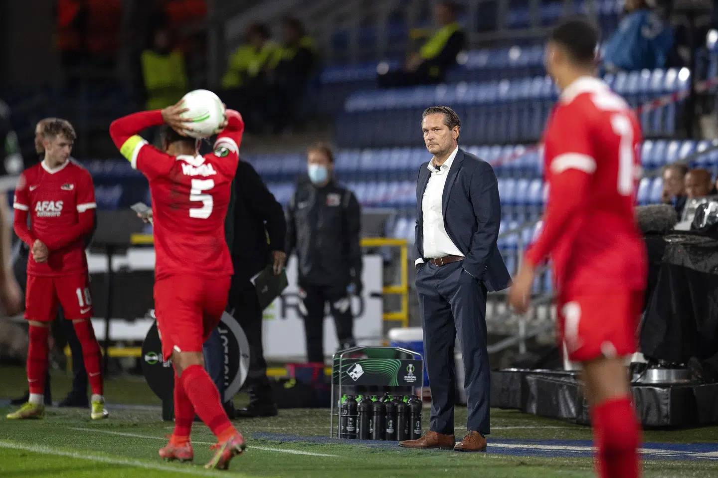 Randers-cheftræner Thomas Thomasberg var glad for det uafgjorte resultat mod AZ Alkmaar. Bo Amstrup/Ritzau Scanpix