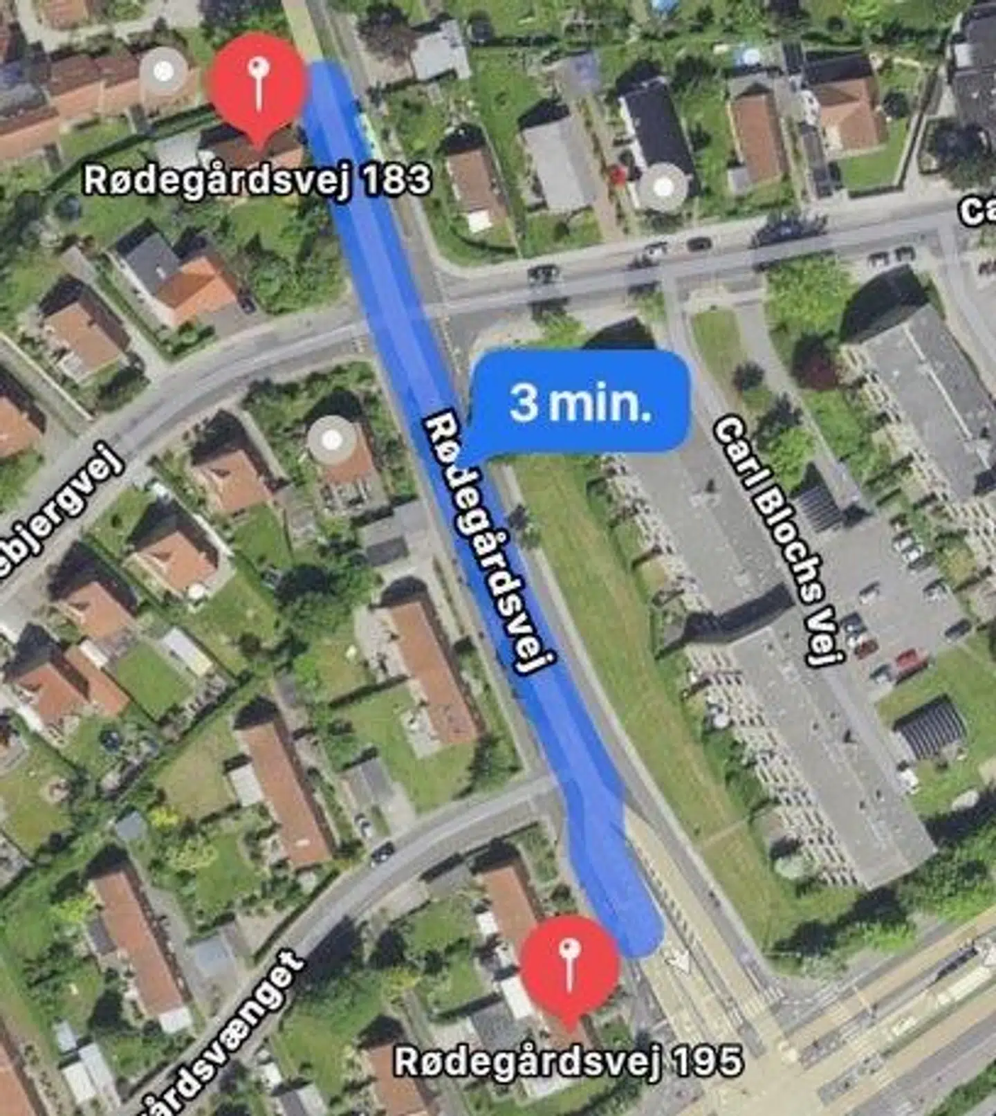 Videoen begynder omkring Rødegårdsvej 183 og slutter omkring Rødegårdsvej 195. Strækningen er cirka 150 meter.