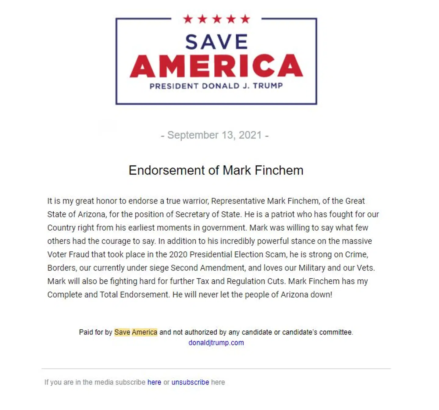 Sådan så det ud på mail, da Donald Trump mandag valgte at støtte QAnon-tilhængeren Mark Finchem via mail.