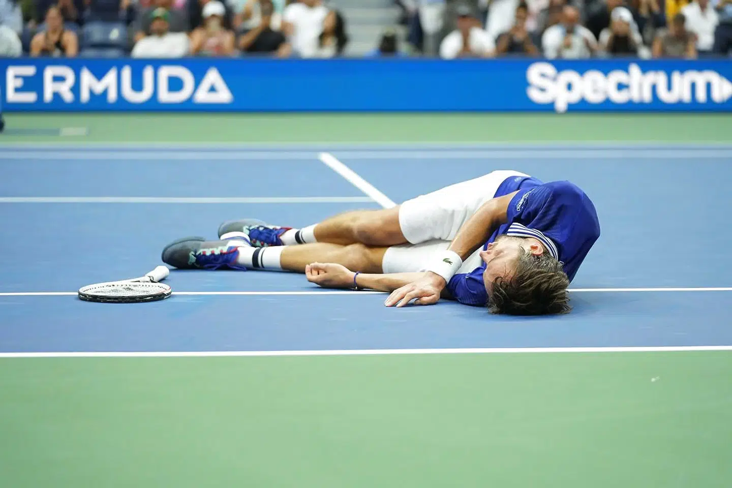 Sep 12, 2021; Flushing, NY, USA; Daniil Medvedev of Russia celebrates after match point against Novak Djokovic of Serbia (not pictured) in the men's singles final on day fourteen of the 2021 U.S. Open tennis tournament at USTA Billie Jean King National Tennis Center. Mandatory Credit: Danielle Parhizkaran-USA TODAY Sports