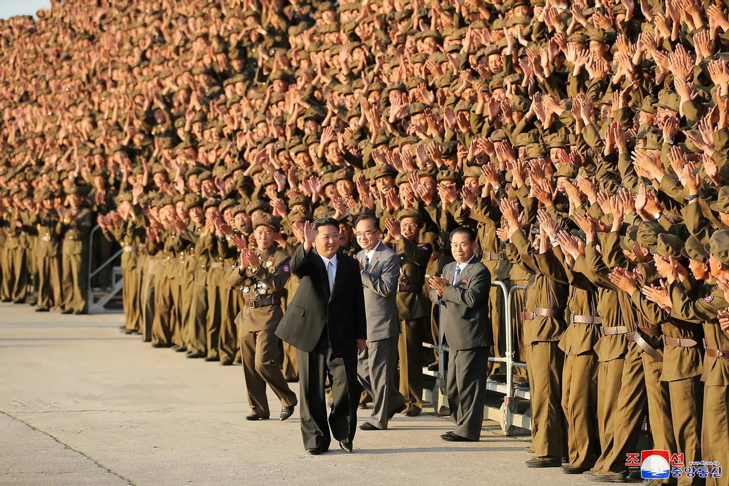 North Korean leader Kim Jong Un greets military members on the 73rd anniversary of the country's founding, in Pyongyang, in this undated image supplied by North Korea's Korean Central News Agency on September 9, 2021. KCNA via REUTERS ATTENTION EDITORS - THIS IMAGE WAS PROVIDED BY A THIRD PARTY. REUTERS IS UNABLE TO INDEPENDENTLY VERIFY THIS IMAGE.NO THIRD PARTY SALES. SOUTH KOREA OUT. TPX IMAGES OF THE DAY