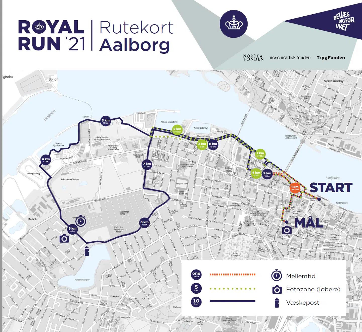 Her ses løberuterne til Royal Run i Aalborg søndag.