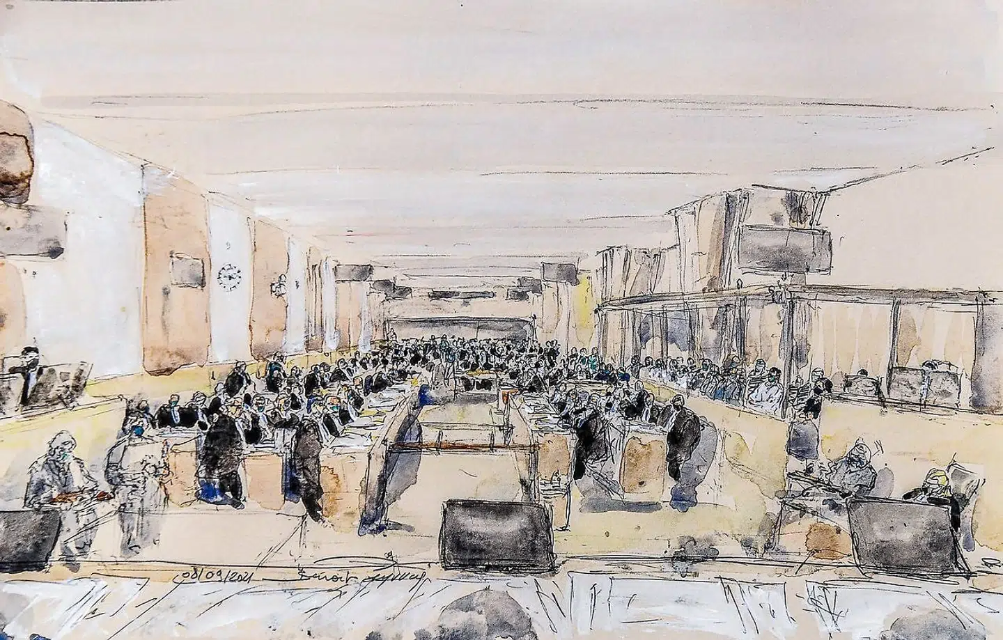 Der må hverken tages billeder levende eller optages tv i retssalen. Derfor er der kun skitser som denne fra førstedagen.