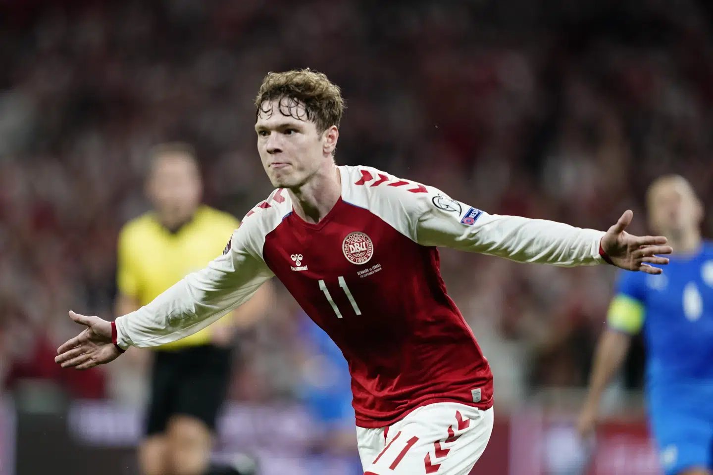 Denmark's Andreas Skov Olsen cheers after scoring Denmark's third goal. The World Cup qualifier between Denmark and Israel, group F, in the Park in Copenhagen, Tuesday 7 September 2021. (Photo: Mads Claus Rasmussen / Scanpix 2021)