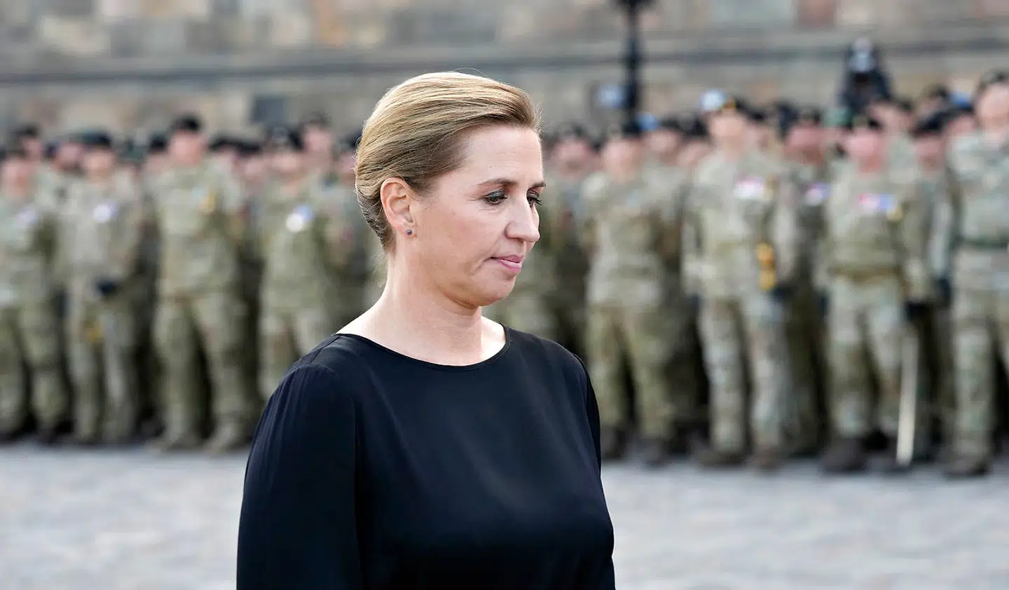Statsminister Mette Frederiksen under Flagdag for Danmarks udsendte med parade på Christiansborg slotsplads i København, søndag den 5. september 2021. (foto: Keld Navntoft/Ritzau Scanpix)
